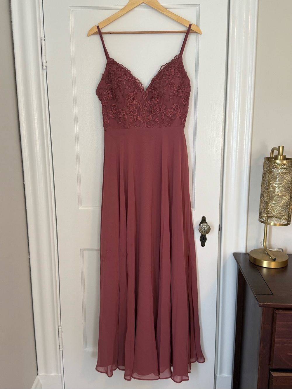 Azazie Dusty Rose Lace Bodice Spaghetti-Strap Maxi Dress